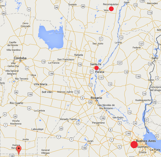 Malabrigo (top red circle) in Santa Fe Province is 375 miles north of Buenos Aires). Realico in La Pampa Province is 437 miles west of Buenos Aires (lower left Google pointer). Both Malabrigo and Realico have had repeated cycles of animal mutilations since the early 2000s and La Pampa Province has had the most reported animal mutilations. Santa Fe is the capital city of the province of Santa Fe, Argentina,with a population of 500,000 near the junction of the Paraná and Salado rivers. Santa Fe Province has had lots of animal mutilations, too, and is linked by National Route 11 to the Sauce Viejo Airport with daily direct flights to Rosario and Buenos Aires.