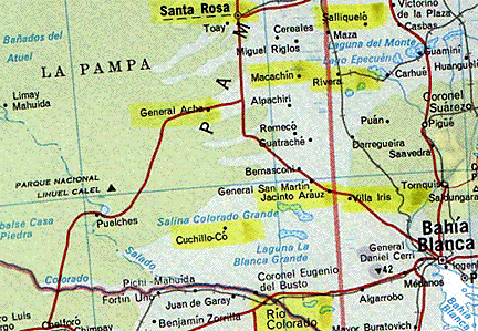 Santa Rosa, central top of map, is in the La Pampa Province of Argentina, northwest of Bahia Blanca. The yellow areas have all had repeated animal mutilations since 2002, with an estimated total of more than 3,000 in Argentina and Chile.