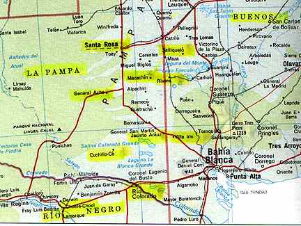  Map in which yellow indicates towns in provinces of La Pampa, Buenos Aires  and Rio Negro where mutilations have been reported to date. Not shown on the map are other affected provinces further north: Entre Rios, Santa Fe and Chaco.  Reported mutilation count since April 2002 is approaching 100.