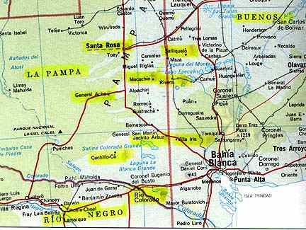Map in which yellow indicates towns in provinces of La Pampa, Buenos Aires and Rio Negro where mutilations have occurred, especially La Pampa. Not shown on the map are other affected provinces further north: Entre Rios, Santa Fe and Chaco. Reported mutilation count since April 2002 is 2,150.