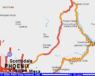 Punkin Center northeast of Phoenix in Roosevelt Lake region. On July 22, 2005, 150 homes were evacuated when a 38,000-acre wildfire raged within two miles of the city. Map © 2005 by Ireland, Ltd.