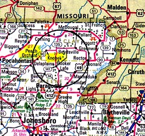 In the upper northeast corner of Arkansas - not far from the Missouri border - is Peach Orchard in Clay County, Arkansas. It's about ten miles west of Knobel, Arkansas, where the first American fractal formation was discovered in wheat on June 7, 2003. See More Information below. 