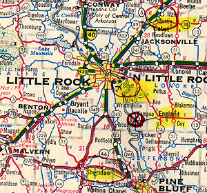 Red X marks area of mysterious fires at the intersection of Lonoke, Pulaski and Jefferson Counties in Arkansas, first reported to 911 by the Little Rock Airport and a Scott resident around 11:20 PM CST on Thursday, March 9, 2000.