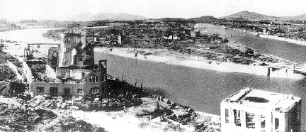 Hiroshima, after the atomic bomb in Japan, 1945. Photograph and information below from http://mothra.rerf.or.jp/ENG/A-bomb/History/Damages.html