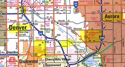  Yellow shaded areas of Denver and Aurora, Colorado, map indicate where cats, rabbits and squirrels have been found dead and mutilated since June 2002.