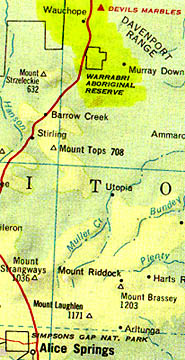 Alice Springs is the nearest town to the American National Security Agency (NSA) facility at the center of Australia which listens to and satellite-observes the Earth. Northward 387 kilometers (240 miles) is Wauchope. A bit south of Wauchope is Wycliffe Wells, so small that it's not printed on most maps, but is famous for unidentified aerial sightings.