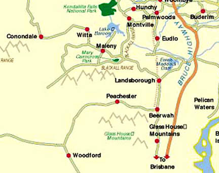 Conondale is the location of March 28, 2006, discovery of two circles swirled in grass and the March 28, 2004, discovery of four grass circles laid in a straight line. Conondale is about 50 minutes northwest of the Glass House Mountains where sorghum was also found downed randomly in May 2003. In both 2003 and 2004, at the time grasses were swirled down, local residents reported seeing unidentified aerial lights.