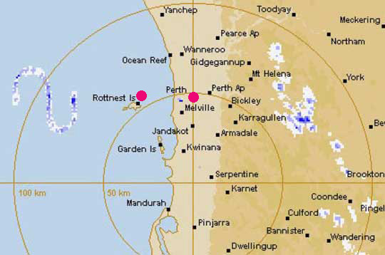 Screenshot of an Australian Bureau of Meteorology weather radar map showing a  strange S-shaped pattern west of Perth and 30 km west of Rottnest Island (7 miles  or 11 km long), a limestone reef off the coast of Western Australia  on February 12, 2014. Screenshot by ABC News, Australia.