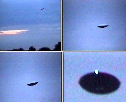 Four enhanced images from the videotape shot by Simon Beard on Saturday evening, August 16, 2003, from Avebury stone circles of the slowly rotating, wobbling aerial disk. See Earthfiles August 20, 2003. Composite by Andreas Mueller, www.invisiblecircle.de.