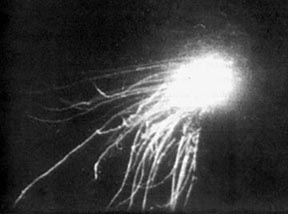 Photograph taken by eyewitness of round glowing head a few inches in diameter, trailing rays sometimes reported as a characteristic of ball lightning. Originally published in 1951 by Naturwissenschafter, Vol. 38, page 518.