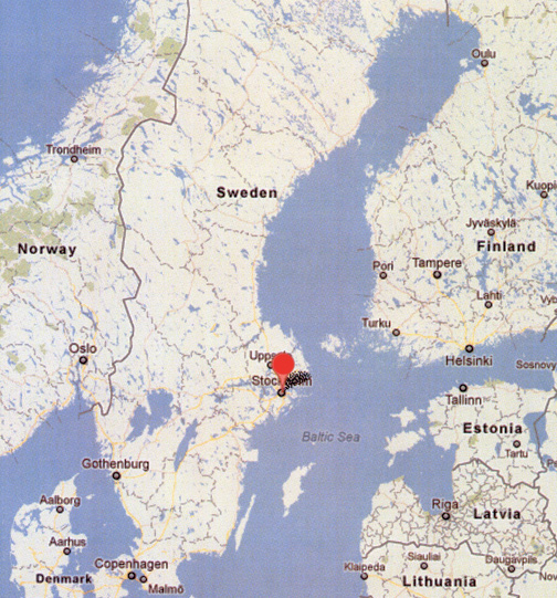 The red circle marks Stockholm, Sweden, facing the Baltic Sea, one of the largest brackish seas in the world. The water is a mixture of fresh and salt waters, but only about 35% as salty as the ocean. The Baltic waters are so murky that divers cannot see more than a few feet. The basin between Sweden and Finland was formed by glacial erosion. The Baltic Sea is about 1,600 kilometers (1,000 miles) long and averages 193 kilometers (120 miles) wide, with depths ranging from 55 meters (180 feet) to the maximum depth of 459 meters (1,506 feet).