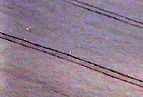 Video Frame 3: At center of video frame is unidentified object Donald Fletcher followed with his camcorder for 9.5 seconds after Frame 1. The two white unidentified objects to the left catch up to and pass the central white object. Video frame © 1999 by Donald Fletcher, London, England.