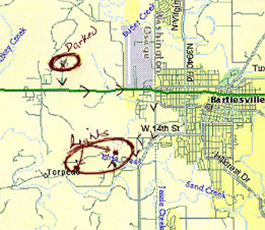 Map of Bartlesville, Oklahoma in which 1966/1967 eyewitness Brenda Livingston has drawn red X where area was charred and darkened by gold beam from unidentified lights shown in red near Torpedo.