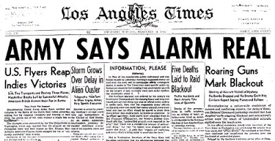 Los Angeles Times Front Page, February 25, 1942, after early morning anti-aircraft artillery fire on unidentified aerial object over Santa Monica Mountains near Los Angeles, California. 