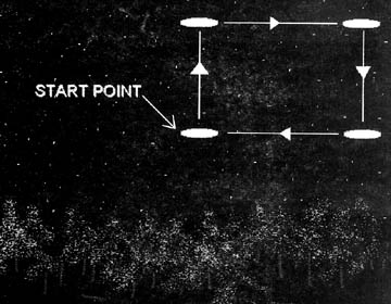 Derek Smith described this drawing: "The object then began to glow in a violet color that quickly  made a color transition through all of the colors in the visible light spectrum. Then the object began a clockwise flight maneuver which looked as though the object was tracing a large square in the sky. Three of these 'squares' were 'drawn' each in the same position in the sky. Then the object stopped and remained motionless."