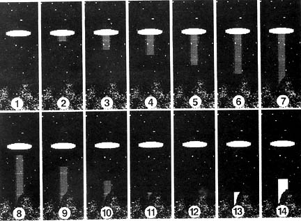 Smith wrote about this drawing: "After the disc remained motionless for approximately two to three minutes,  it shot a blue 'light beam' from under its center. The blue beam slowly descended to the ground like an elevator.  Then the top of the beam detached itself from the round object and also slowly descended to the ground. When the top of the blue beam apparently reached the ground, a pure white light beam shot up rapidly to the disc. Once the top of the white beam touched the disc, the bottom began to ascend upward again like an elevator."