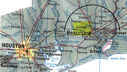 Yellow area shows Sourlake north of Beaumont where Rob Riggs grew up and heard local stories about the "wild men" in the Big Thicket woods nearby.