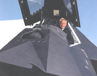 Ben Rich, original director during Cold War of Lockheed's highly classified "Skunk Works." Rich is in the cockpit of a F-117 stealth fighter, one of his Skunk Works projects. Photo credit: NASA.