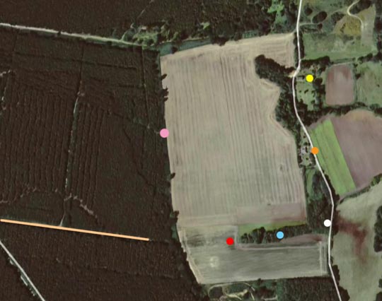 L-R: Light orange straight path from left turn off logging road going east toward the open field.  Red circle in area where John Burroughs reported the TriField meter pegged at highest level  after midnight on December 26 and 27, 2010, in the smaller southern field known as  Capel Green. Blue circle marks the watery marsh in the finger of trees that would explain  why both John Burroughs and Jim Penniston reported getting wet during their December 26, 1980,  3 AM, encounter with the lights and craft. White circle marks the third house that has animals.  Orange circle marks the second house directly across the field from the picnic table and UFO signs (pink circle) of what John and Jim now say is not the correct location  of their encounter. Yellow circle marks the first house.  Graphic overlay of Google map by Earthfiles.