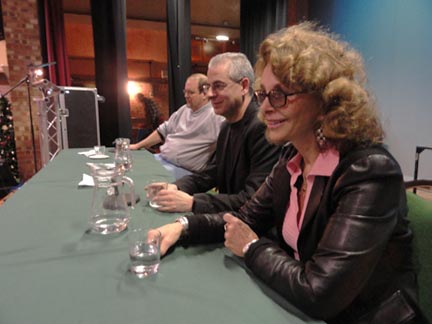 L-R: John Burroughs, Nick Pope and Linda Moulton Howe on speaker panel inside Woodbridge Community Hall, Woodbridge, Suffolk County, England, on December 28, 2010. Image for Linda by Peter Robbins.