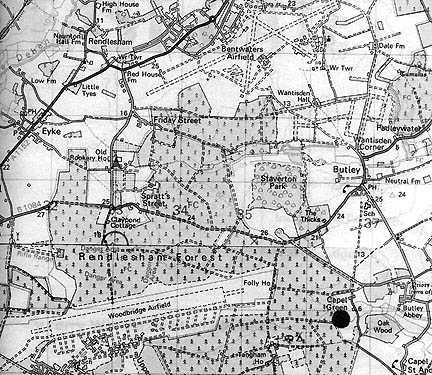 Black dot at Capel Green marks the site where most of the unusual light/craft activity occurred between 3 a.m. on December 26, 1980, and the early morning hours on December 28, 1980, in the Rendlesham Forest that stands between the Woodbridge Airfield and Bentwaters Airfield, jointly managed as RAF Bentwaters by British and American Air Force personnel. Map © 1997 by Larry Warren and Peter Robbins.