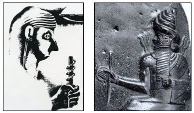 Left: Is the big-nosed being wearing a ropey headdress and holding an alleged communication rod in 1964 a “Cloned Biological Entity (CBE)”? If so, was the Sumerian sun god Shamash on right, who is also wearing a ropey headdress and holding a rod, also a CBE? Illustration on left from 1974 edition of UFOS: Past, Present & Future by Robert Emenegger and Allan F. Sandler. Carving on right from 1772 B. C., Sumerian sun god Shamash in Hammurabi Stele currently on display in The Louvre, Paris.