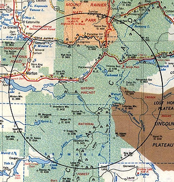 Gifford Pinchot National Forest west of Yakima, Washington is location of unidentified and possible Bigfoot body print and hairs discovered in mud on September 22, 2000.