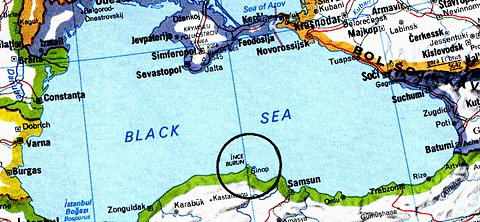 Black ring indicates Sinop, Turkey and the area twelve miles north where marine geologist, Robert Ballard and his research team discovered "remains of an ancient structure that was apparently flooded in a deluge of biblical proportions."