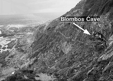 Blombos Cave entrance. Photographs in color and black and white below © 2001 by Christopher Henshilwood, Ph.D.