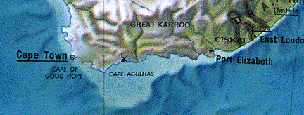 The "X" above Cape Agulhas marks the region of Blombos Cave.