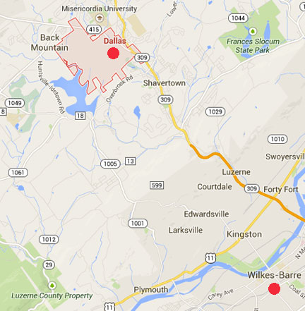 Dallas, Pennsylvania, is 10 miles northwest of Wilkes-Barre, the county seat of Luzerne County, PA.