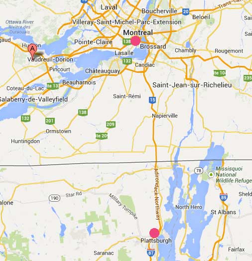 The Google pointer marks St-Lazare west of Montreal, Canada. 64 miles south of Montreal is Plattsburgh, New York. Residents in all three regions reported hearing an enormous explosive boom with a flash of blue-green light around 8 PM on Tuesday, November 26, 2013. No source of the mysteirous loud boom is known.