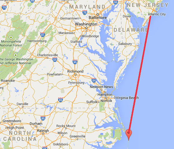 From the Outer Banks of North Carolina at the Google marker up the East Coast to Atlantic City, New Jersey, is about 345 miles. Two 20-second-long rumbles exactly two hours apart shook houses from the Outer Banks to New Jersey on Monday, March 16, 2015. The first occurred at 4:24 PM Eastern and the second at 6:24 PM Eastern, according to the U. S. Geological Survey, but NO seismic activity.