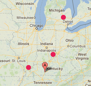  Current March 2013 loud, unexplained booms in Bowling Green, Kentucky (map pointer), Elizabethville, Illinois (left red circle), and Flint, Michigan (upper red circle) surround Evansville, Indiana (northeast of pointer) and the Tri-State region where Illinois, Indiana and Kentucky share borders and where multiple booms and light flashes occurred January 7-8, 2013.