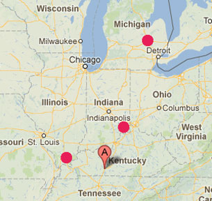 Current March 2013 loud, unexplained booms in Bowling Green, Kentucky (map pointer), Elizabethville, Illinois (left red circle), and Flint, Michigan (upper red circle) surround Evansville, Indiana (northeast of pointer) and the Tri-State region where Illinois, Indiana and Kentucky share borders and where multiple booms and light flashes occurred January 7-8, 2013.