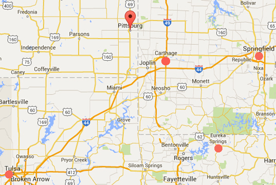 Pittsburg, Kansas at Google pointer is 96 miles northwest of Springfield Missouri; 121 miles northwest of Eureka Springs, Arkansas; and 138 miles northeast of Tulsa, Oklahoma..  Carthage, Missouri, 38 miles southeast of Pittsburg, is historically linked to high strangeness.  On March 7, 2004, a man named Pat Garrett reported to BUFO Paranormal and UFO Radio  that he was investigating an alleged underground storage facility when "two creatures,  one was very tall at least 7' feet maybe more and very powerfully built...reddish in color and the other was smaller about 6' feet, but it was not red in color but pale, like an albino and it was not as powerfully built as the other. They looked like REPTILES... living, walking, intelligent beings ...not human...not warm blooded. But reptiles!"  See Websites below.