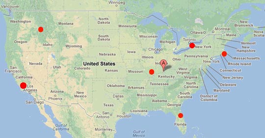 Strange sounds ranging from breaking glass and metal crashing to loud house and bone-rattling booms have been reported between March 7 - 23, 2013. In Woodland Hills, CA, (far left red circle) on March 7th, a resident reported sound of breaking glass sound at 3:30 PM Pacific. Loud booms were reported on March 13, in Tiverton and Little Compton, Rhode Island, and Westport, Massachusetts (far right red circle) that are 940 miles east of Louisville, KY (Google pointer). Between March 11-15, loud booms were heard in Alabama, NY, (red Great Lakes circle) between Lake Erie and Lake Ontario; March 16-17, loud booms in Kamiah, Idaho, 65 miles east of Lewiston (upper left red circle), is 2,102 miles northwest of Louisville  that is straight east of southern Illinois and Indiana where loud booms were reported March 16-17 in all three states. Then on Thursday, March 21, 2013, near 9 PM EST, residents from several counties around Gainesville, Florida (north central Florida red circle) reported similar house-shaking, window-rattling. 