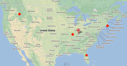 Loud house and bone-rattling booms were reported between March 13 - 17, 2013, in the  following locations. Kamiah, Idaho, 65 miles east of Lewiston (upper left red circle) is  2,102 miles northwest of Louisville, Kentucky (Google pointer) that is straight east of  southern Illinois boom reports. Tiverton and Little Compton, Rhode Island and  Westport, Massachusetts (far right red circle) are 940 miles east of Louisville. Then on Thursday, March 21, 2013, near 9 PM EST, residents from several counties around Gainesville, Florida (north central Florida red circle) reported  similar house-shaking, window-rattling. 