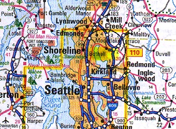 Bothell, Washington circled on the map is twelve miles northeast of Seattle, Washington, has a population of 32,985 and 23 parks.