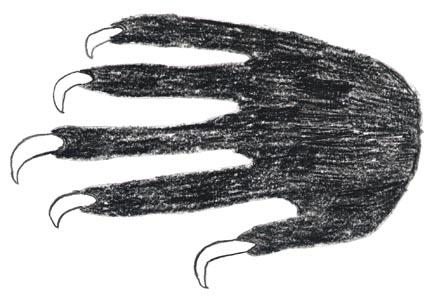  Evan's close-up illustration of the hands he saw on the non-human entities in the pig corral © 2006 by Evan Briese.