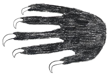 Evan's close-up illustration of the hands he saw on the non-human entities in the pig corral © 2006 by Evan Briese.