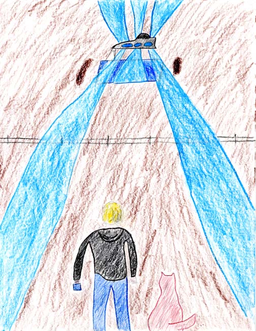 Evan Briese, 16, and his cattle dog, Buster, stop at hilltop about 140 yards from wedge-shaped craft at the east end of the water pond, which is 50 feet wide. Blue beams were shining from large ovals on the sides of the craft. The blue beams seemed to "bend over the hills." Drawing © 2006 by Evan Briese.