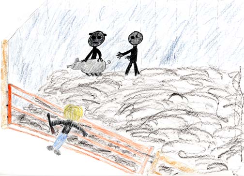 Evan's December 2006 drawing of himself standing at orange pig coral gate looking at non-human entities dragging off the Briese family's dead, pet sow. Drawing © 2006 by Evan Briese.