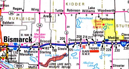 About 60 miles east of Bismarck, North Dakota, is the small farm town of Tappen (red) in Kidder County. Northeast of Tappen is the Chase Lake National Wildlife Refuge (yellow).