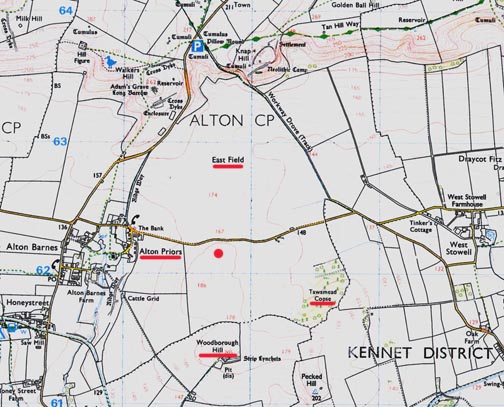 The Vale of Pewsey, the village of Alton Priors is highlighted next to the red circle that marks the South Field. Also highlighted around the South Field are Tawsmead Copse, Woodborough Hill and the big East Field on the other side of the brown country road.