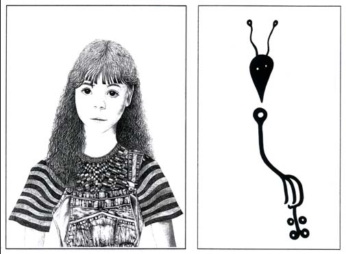 Left:  Artist's impression of the mysterious girl seen by Gordon Stewart and Andy Buckley at Wilcot Brow and Tawsmead Copse, Alton Priors, Wiltshire, England, on Wednesday, August 10, 2005. Right:  2005 drawing of "insectogram" crop formation by Gill Nicholas.