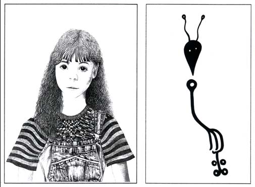 Left:  Artist's impression of the mysterious girl seen by Gordon Stewart and Andy Buckley at Wilcot Brow and Tawsmead Copse, Alton Priors, Wiltshire, England, on Wednesday, August 10, 2005. Right:  2005 drawing of "insectogram" crop formation by Gill Nicholas.