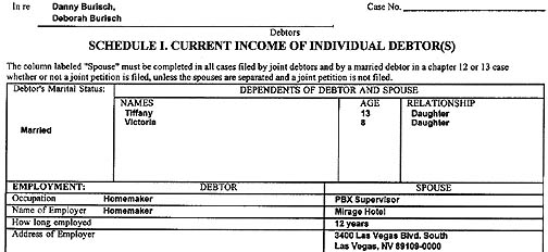 The employment of Danny Burisch, Debtor, is listed as "Homemaker" and the employment of his spouse, Deborah Burisch, is listed as "PBX Supervisor, Mirage Hotel" for 12 years in Las Vegas. 