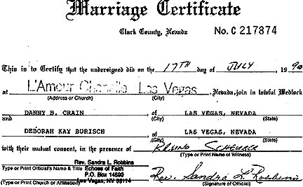 July 17, 1990, Marriage Certificate for Danny B Crain and Deborah Kay Burisch in Las Vegas, Clark County, Nevada.