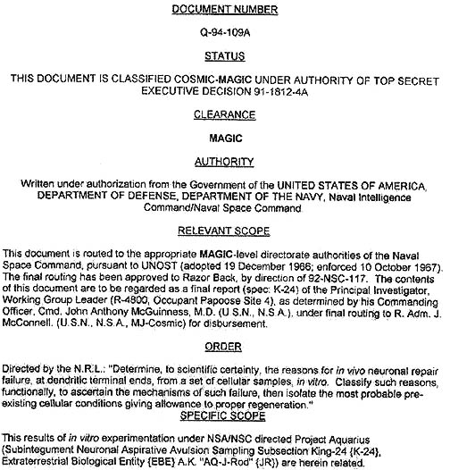 One of four pages translated from original difficult-to-read "Q-94-109A" document which Marcia McDowell as "B. J. Wolf" placed on her Eagles Disobey website after McDowell published the book, Eagles Disobey, in 1998. This alleged government document references "in vitro experimentation, ... Extraterrestrial Biological Entity (EBE) A.K. 'AQ-J-Rod.'"